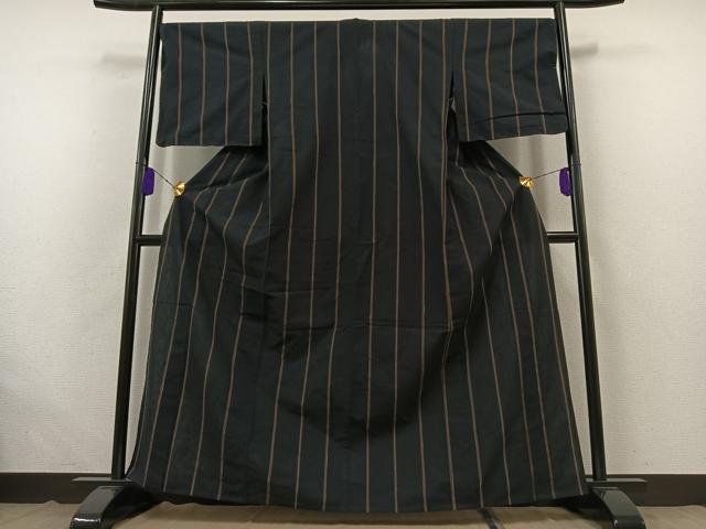 平和屋着物▽上質な紬　単衣　縞　正絹　逸品　未使用　AABB7727jh