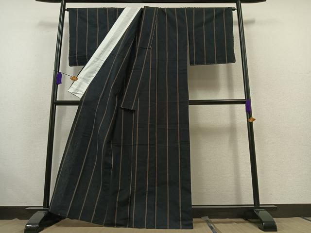 平和屋着物▽上質な紬　単衣　縞　正絹　逸品　未使用　AABB7727jh