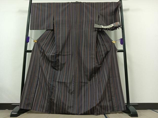 平和屋着物▽上質な紬 単衣 縞 正絹 逸品 AABB7729jh