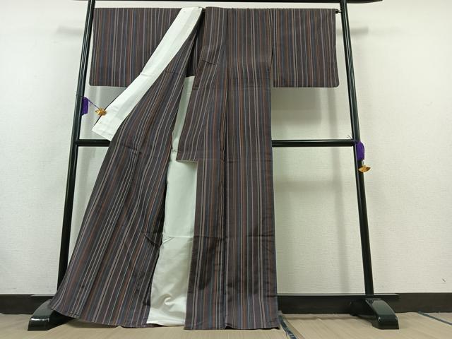 平和屋着物▽上質な紬 単衣 縞 正絹 逸品 AABB7729jh