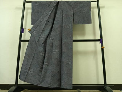 平和屋着物▽上質な紬 単衣 吉祥花菱文 正絹 逸品 AABB7732jh