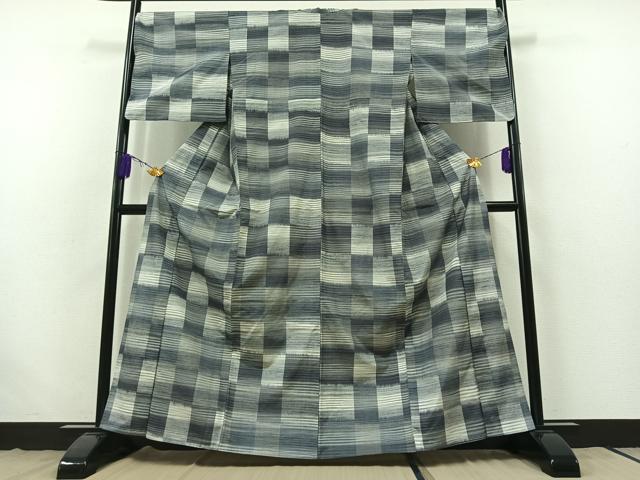 平和屋着物▽上質な紬 単衣 市松文様 正絹 逸品 AABB7736jh