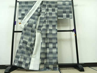 平和屋着物▽上質な紬 単衣 市松文様 正絹 逸品 AABB7736jh