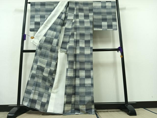 平和屋着物▽上質な紬 単衣 市松文様 正絹 逸品 AABB7736jh
