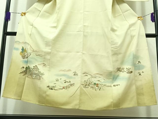 平和屋着物▽訪問着 単衣 紬地 作家物 風景人物文 正絹 逸品 AABB7741jh