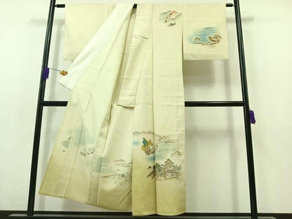 平和屋着物▽訪問着 単衣 紬地 作家物 風景人物文 正絹 逸品 AABB7741jh