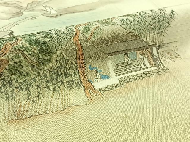平和屋着物▽訪問着 単衣 紬地 作家物 風景人物文 正絹 逸品 AABB7741jh