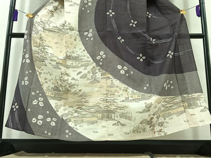 平和屋着物▽染織の名門　しょうざん　生紬　訪問着　単衣　風景花文　金彩　正絹　逸品　AABB7744jh