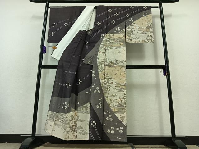 平和屋着物▽染織の名門　しょうざん　生紬　訪問着　単衣　風景花文　金彩　正絹　逸品　AABB7744jh