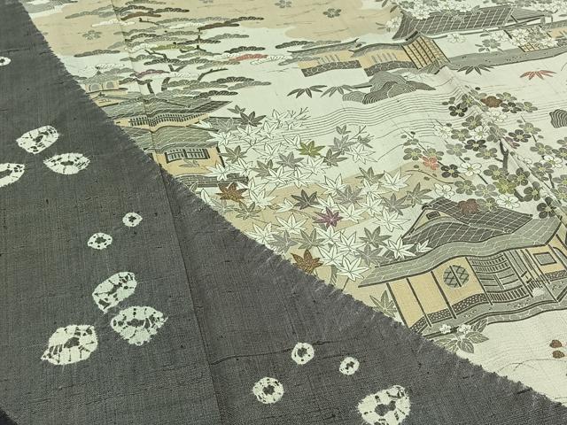 平和屋着物▽染織の名門　しょうざん　生紬　訪問着　単衣　風景花文　金彩　正絹　逸品　AABB7744jh