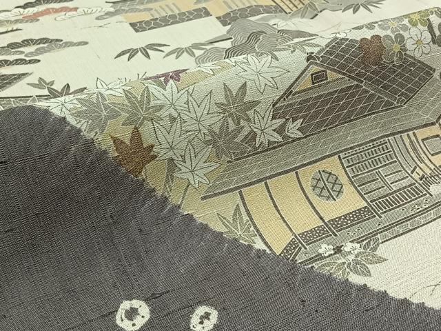 平和屋着物▽染織の名門　しょうざん　生紬　訪問着　単衣　風景花文　金彩　正絹　逸品　AABB7744jh