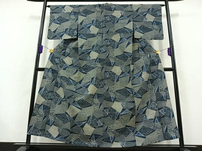 平和屋着物▽上質な紬 単衣 切嵌花文 正絹 逸品 AABB7749jh