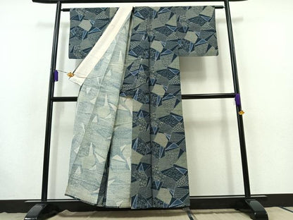 平和屋着物▽上質な紬 単衣 切嵌花文 正絹 逸品 AABB7749jh