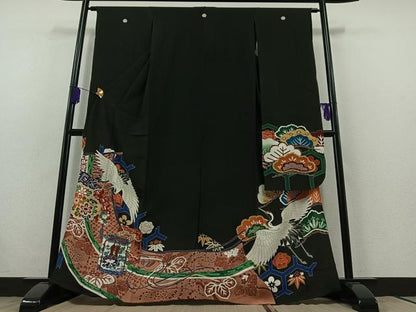 平和屋着物▽アンティーク 大正ロマン 振袖 単衣 飛鶴吉祥花文 金彩 正絹 逸品 AABB7754jh