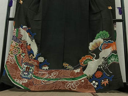 平和屋着物▽アンティーク 大正ロマン 振袖 単衣 飛鶴吉祥花文 金彩 正絹 逸品 AABB7754jh