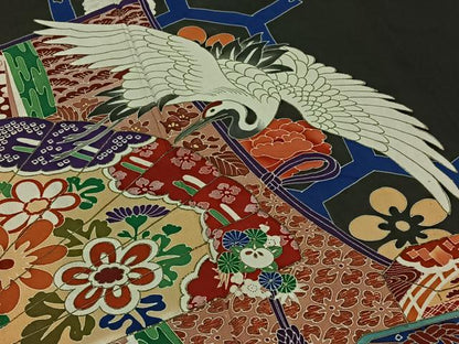平和屋着物▽アンティーク 大正ロマン 振袖 単衣 飛鶴吉祥花文 金彩 正絹 逸品 AABB7754jh