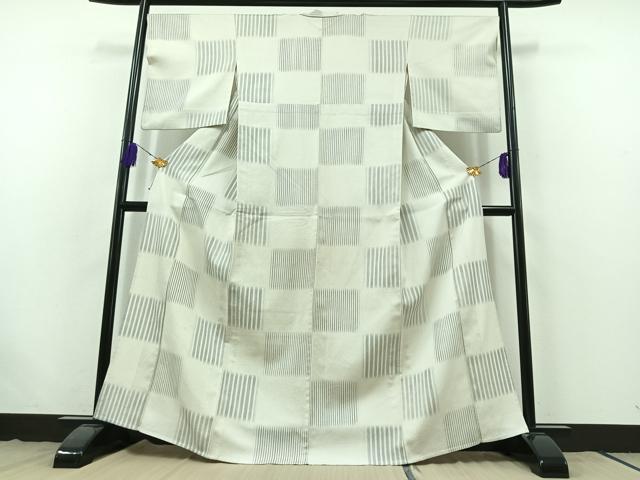 平和屋着物▽お召 単衣 市松文 正絹 逸品 AABB7755jh