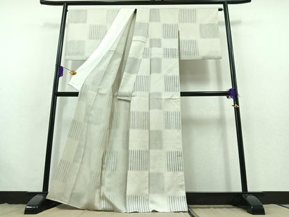 平和屋着物▽お召 単衣 市松文 正絹 逸品 AABB7755jh