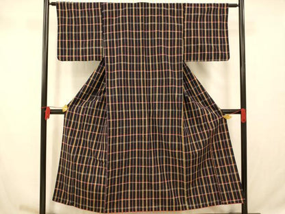 平和屋着物■上質な紬　格子文　黒地　正絹　逸品　AABB7789fw
