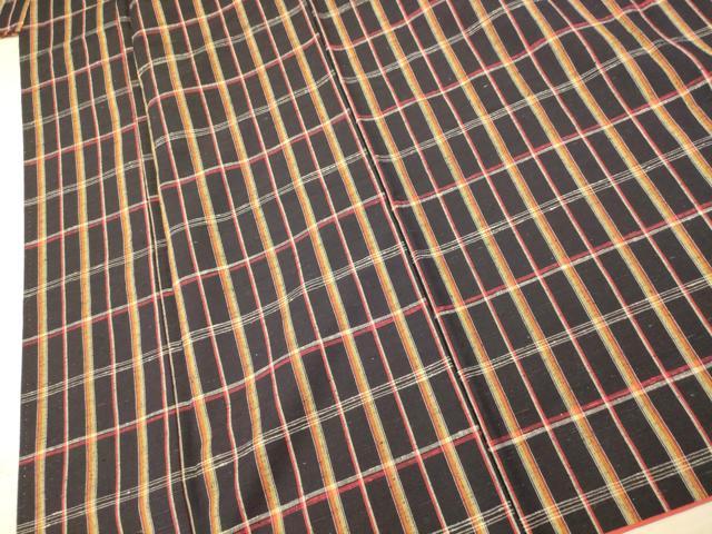 平和屋着物■上質な紬　格子文　黒地　正絹　逸品　AABB7789fw