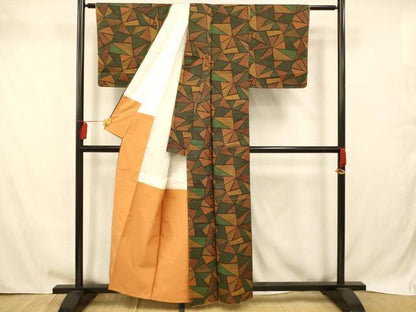 平和屋着物■上質な紬　切嵌格子文　正絹　逸品　AABB7793fw