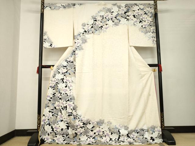 平和屋着物●ブライダルファッションデザイナー・桂由美　訪問着　草花文　銀彩　ロング丈　正絹　逸品　AABB7897ck