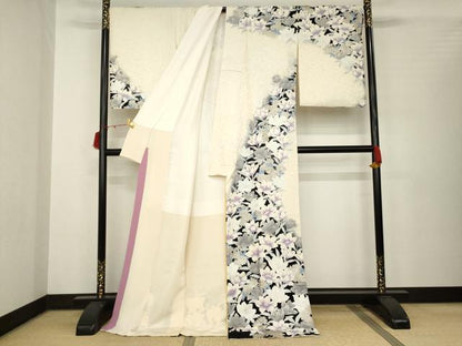平和屋着物●ブライダルファッションデザイナー・桂由美　訪問着　草花文　銀彩　ロング丈　正絹　逸品　AABB7897ck