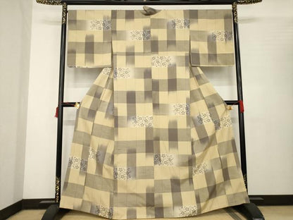 平和屋着物●上質な紬　格子花唐草文　正絹　逸品　AABB7934ck