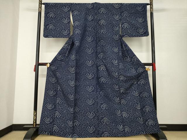 平和屋着物▽上質な紬　単衣　幾何学沙綾形文　正絹　逸品　AABB7947ck