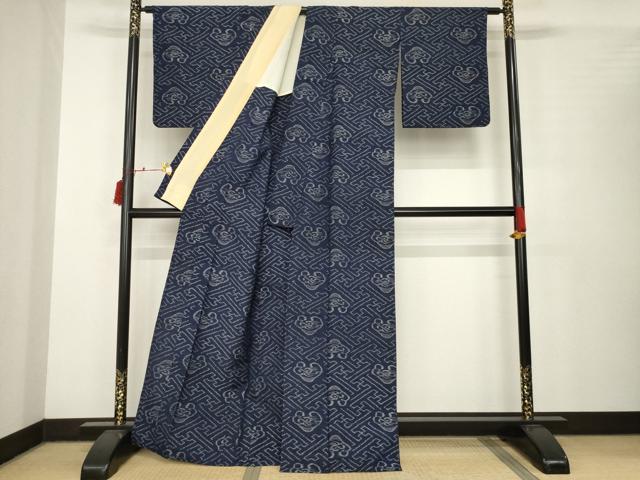平和屋着物▽上質な紬　単衣　幾何学沙綾形文　正絹　逸品　AABB7947ck