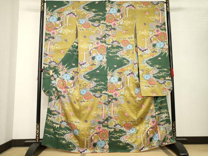 平和屋着物●豪華振袖 型染め 松竹梅流水花蝶文 金彩 正絹 逸品 AABB7954ck