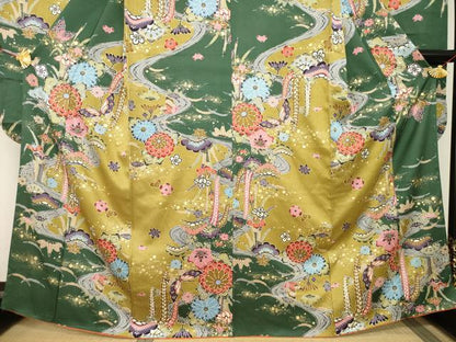 平和屋着物●豪華振袖 型染め 松竹梅流水花蝶文 金彩 正絹 逸品 AABB7954ck