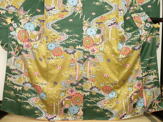 平和屋着物●豪華振袖 型染め 松竹梅流水花蝶文 金彩 正絹 逸品 AABB7954ck