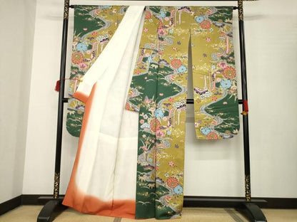 平和屋着物●豪華振袖 型染め 松竹梅流水花蝶文 金彩 正絹 逸品 AABB7954ck
