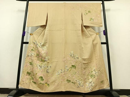 平和屋着物▽訪問着 単衣 手描き 草花文 金彩 正絹 逸品 AABB8001jh