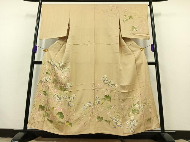 平和屋着物▽訪問着 単衣 手描き 草花文 金彩 正絹 逸品 AABB8001jh