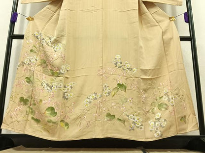 平和屋着物▽訪問着 単衣 手描き 草花文 金彩 正絹 逸品 AABB8001jh