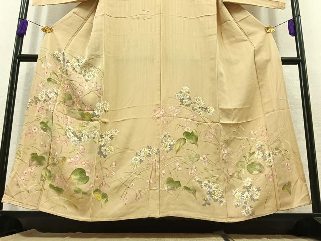 平和屋着物▽訪問着 単衣 手描き 草花文 金彩 正絹 逸品 AABB8001jh