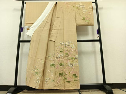 平和屋着物▽訪問着 単衣 手描き 草花文 金彩 正絹 逸品 AABB8001jh