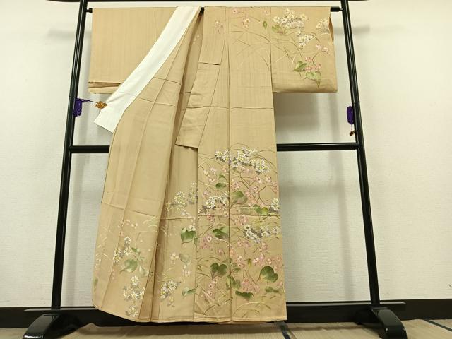 平和屋着物▽訪問着 単衣 手描き 草花文 金彩 正絹 逸品 AABB8001jh