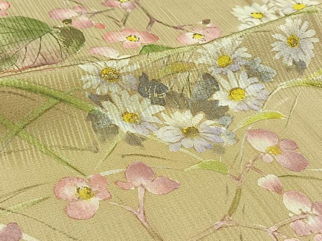 平和屋着物▽訪問着 単衣 手描き 草花文 金彩 正絹 逸品 AABB8001jh