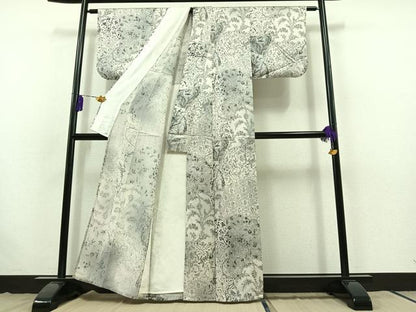 平和屋着物▽上質な小紋 単衣 花唐草文 正絹 逸品 AABB8003jh