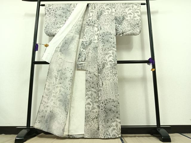 平和屋着物▽上質な小紋 単衣 花唐草文 正絹 逸品 AABB8003jh