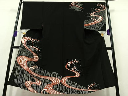平和屋着物▽男性 訪問着 単衣 立波文 黒地 洗える着物 AABB8014jh
