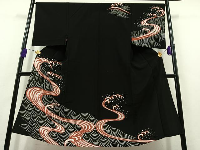 平和屋着物▽男性 訪問着 単衣 立波文 黒地 洗える着物 AABB8014jh