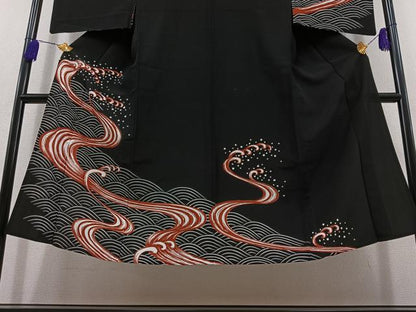 平和屋着物▽男性 訪問着 単衣 立波文 黒地 洗える着物 AABB8014jh