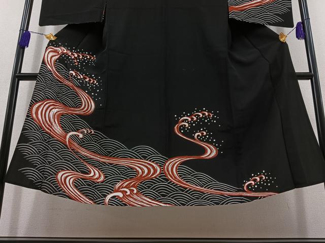 平和屋着物▽男性 訪問着 単衣 立波文 黒地 洗える着物 AABB8014jh