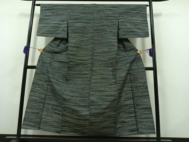 平和屋着物▽上質な紬 単衣 草葉文 正絹 逸品 AABB8019jh