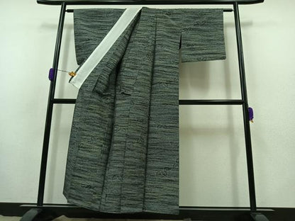 平和屋着物▽上質な紬 単衣 草葉文 正絹 逸品 AABB8019jh