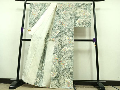 平和屋着物▽上質な小紋 単衣 紬地 切嵌花文 金彩 正絹 逸品 AABB8020jh